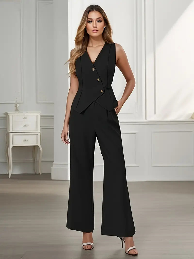 Ensemble de Deux Pièces pour Femme avec Gilet en Coton et Pantalon Long à Jambe Large