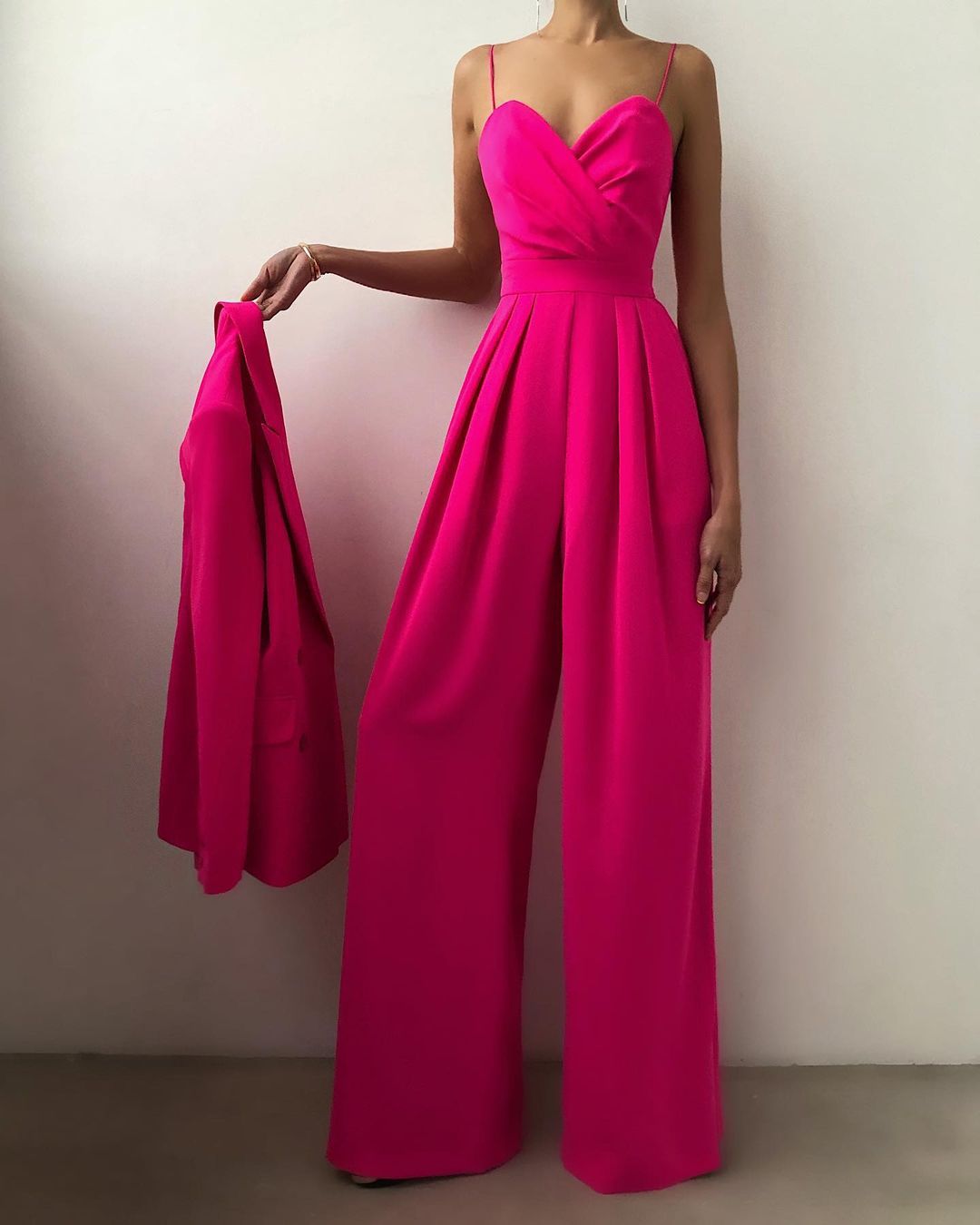 Combinaison Longue en Polyester avec Col en V et Pantalon à Jambe Large pour Femme