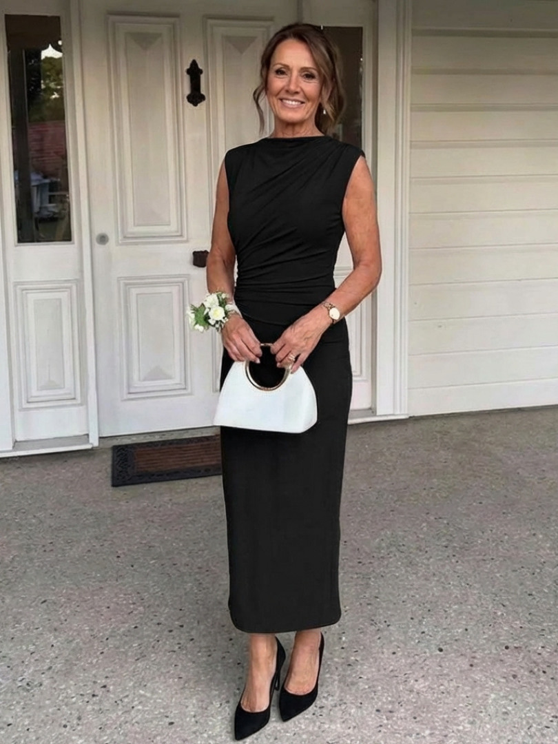 Sabine | Robe Midi Sans Manches à Col Haut Drapé