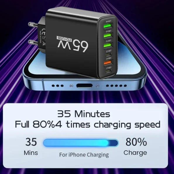 PowerMax 65W Chargeur Rapide 6-en-1 – Charge Jusqu'à 6 Appareils Simultanément – Idéal Pour la Maison, le Bureau et les Voyages