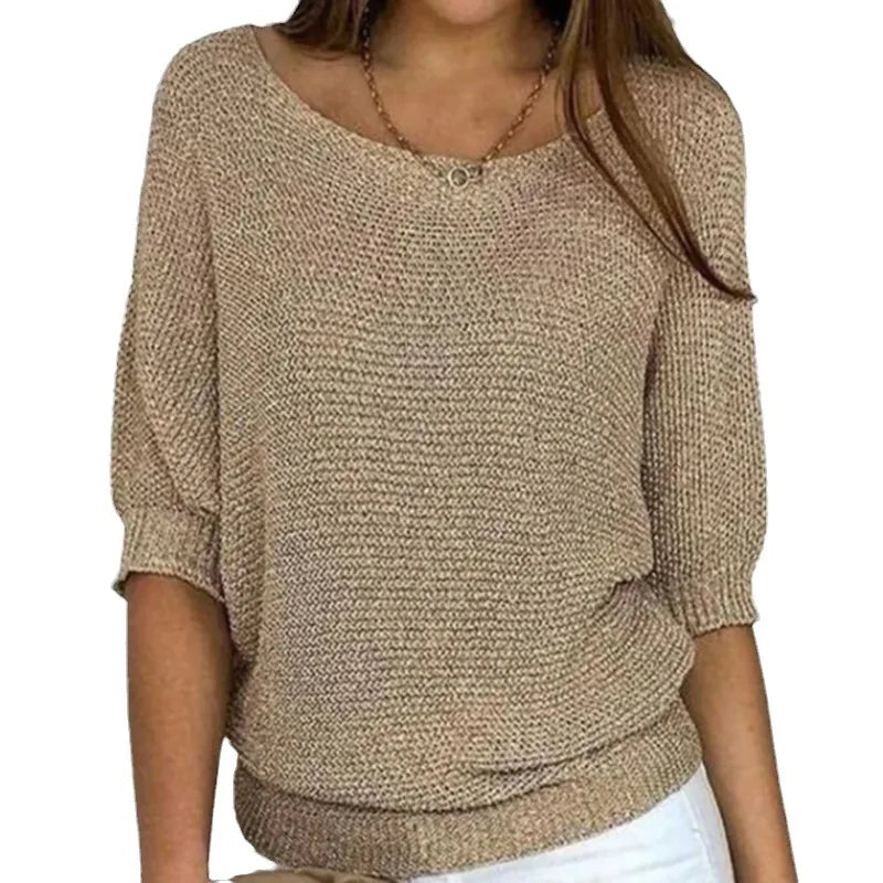 Pull en tricot pour femme avec col rond et manches trois quarts