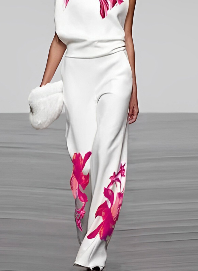 Ensemble Top Col Roulé à Fleurs et Pantalon Large