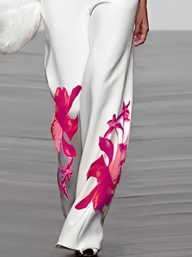 Ensemble Top Col Roulé à Fleurs et Pantalon Large