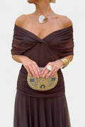 Robe longue femme — décolleté en V et corps froncé — mariage