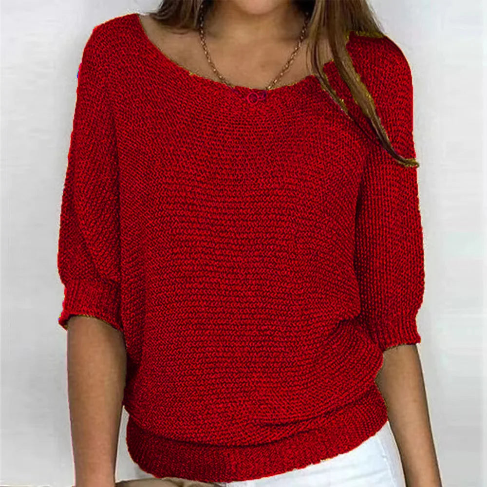 Pull en tricot pour femme avec col rond et manches trois quarts