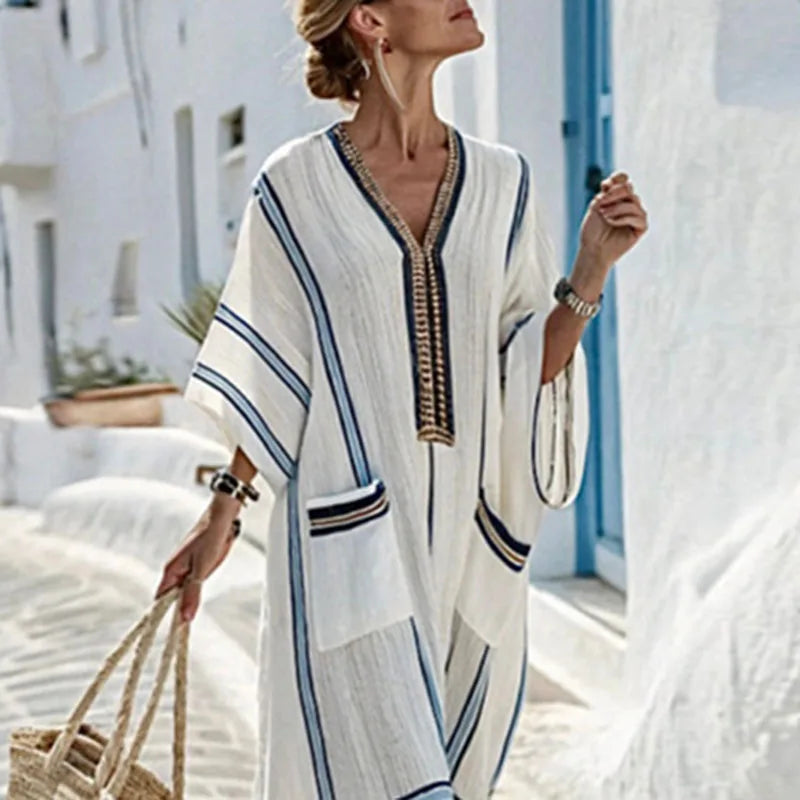 Robe kimono longue pour femme avec décolleté en V et poches — plage
