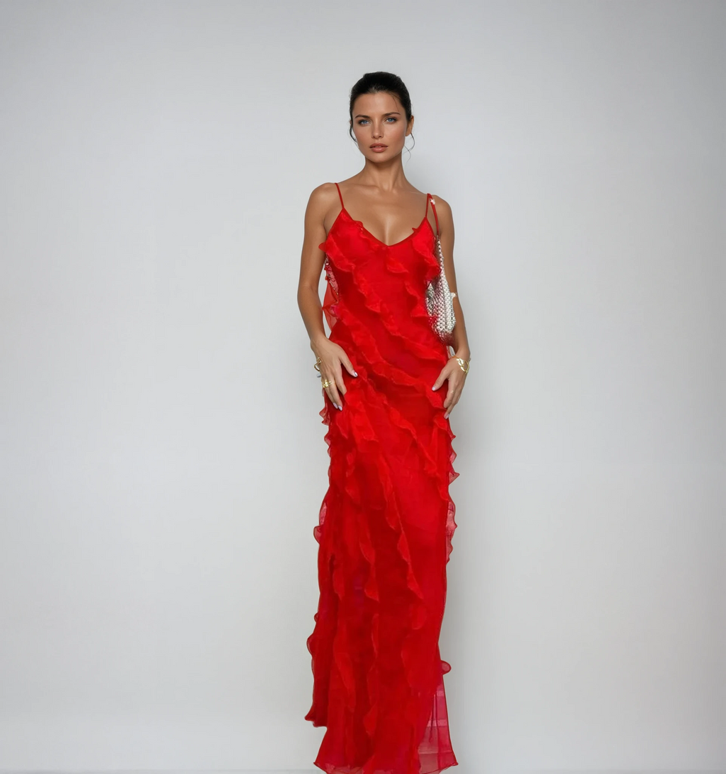 Robe de Soirée Maxi en Chiffon à Volants Romantique