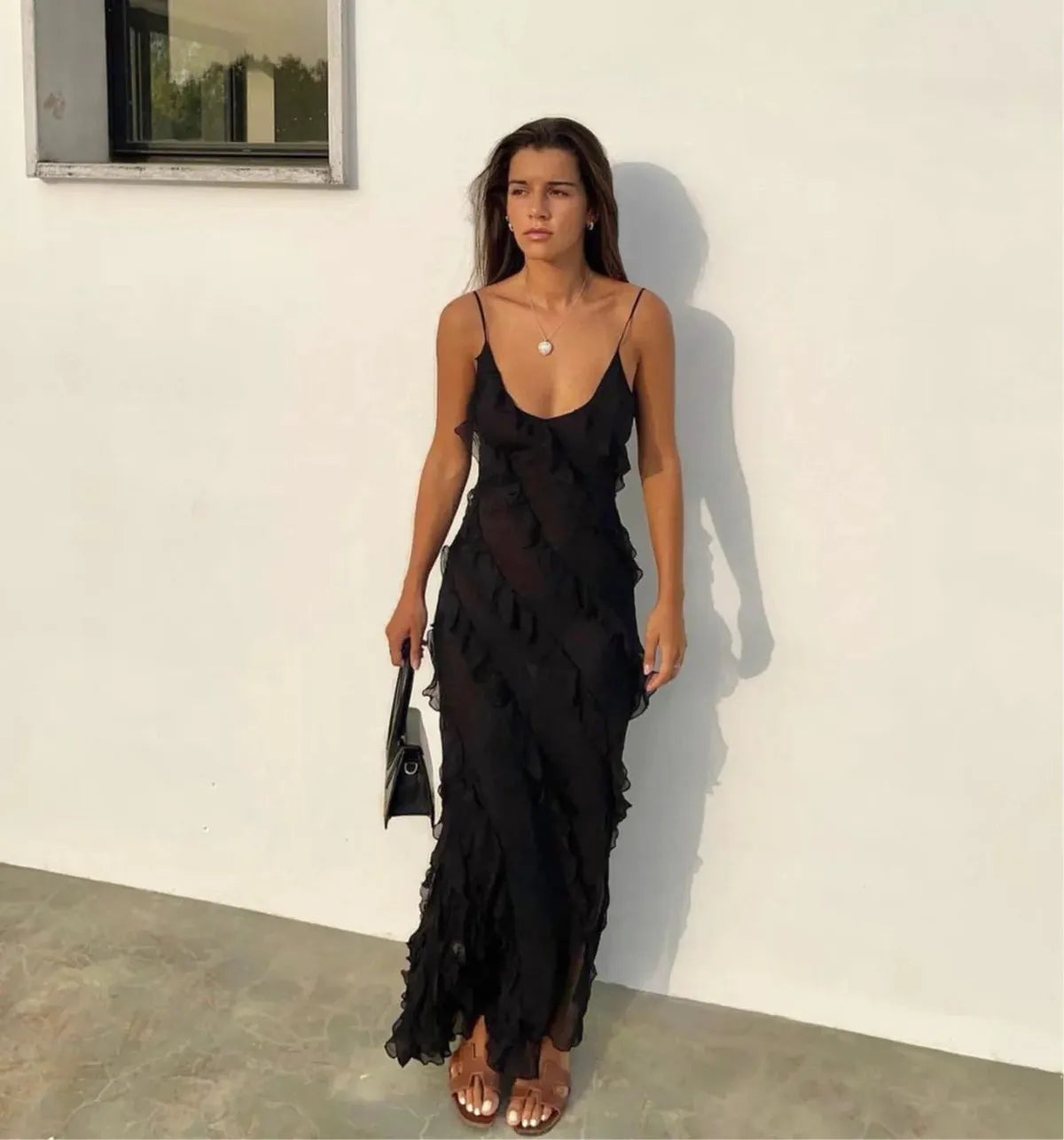 Robe de Soirée Maxi en Chiffon à Volants Romantique