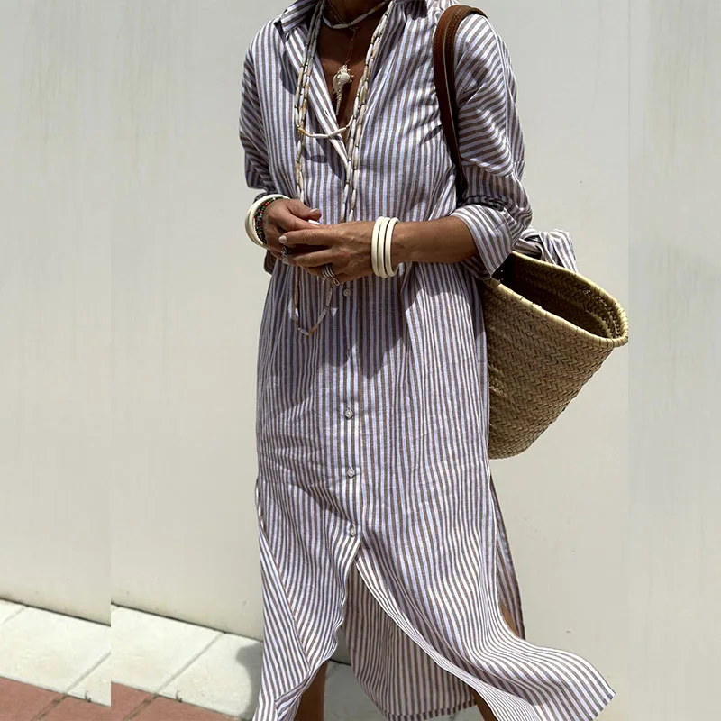 Robe Chemise Midi pour Femme avec Imprimé à Rayures Verticales et Manches 3/4
