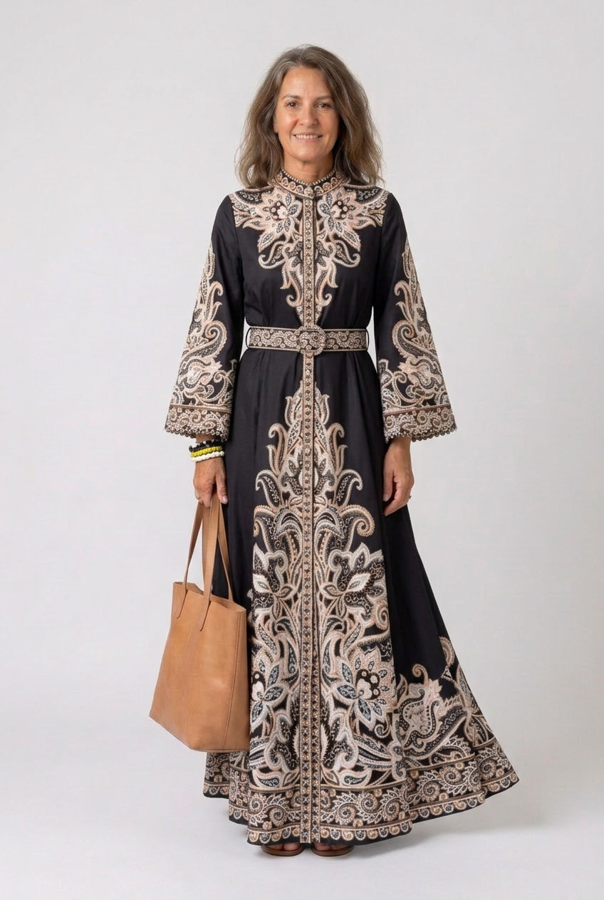 Sierra | Robe Maxi Abaya Ceinturée pour Femmes avec Broderie Paisley