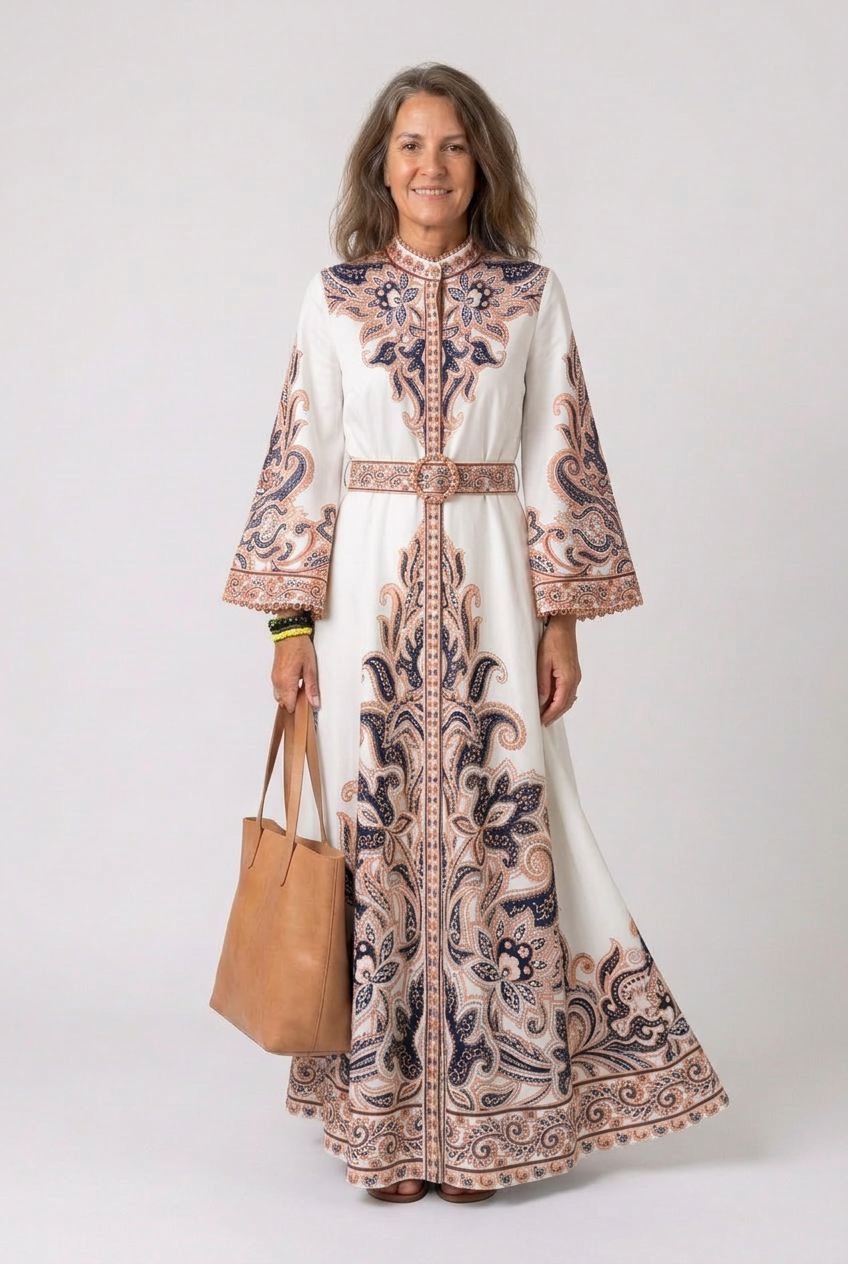 Sierra | Robe Maxi Abaya Ceinturée pour Femmes avec Broderie Paisley