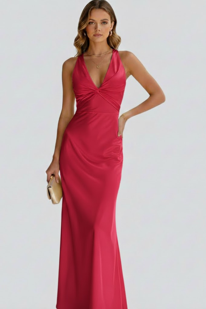 Robe Maxi Femme avec Décolleté en V et Taille Cintrée
