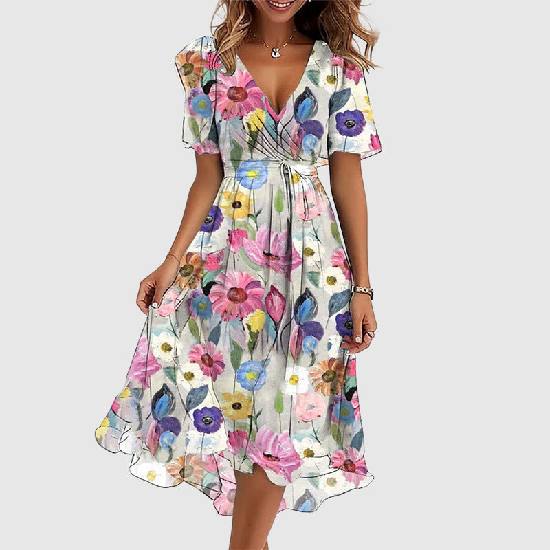 Robe Longue en Mélange de Coton avec Imprimé Multicolore et Décolleté en V pour Femme