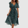 Robe Longue en Mélange de Coton avec Imprimé Multicolore et Décolleté en V pour Femme