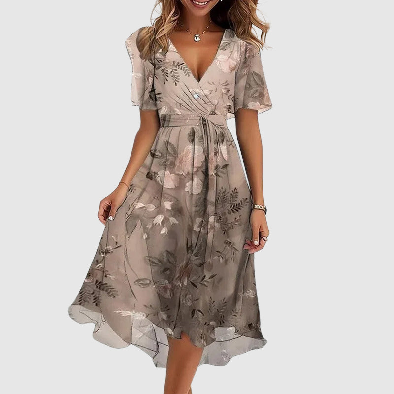 Robe Longue en Mélange de Coton avec Imprimé Multicolore et Décolleté en V pour Femme