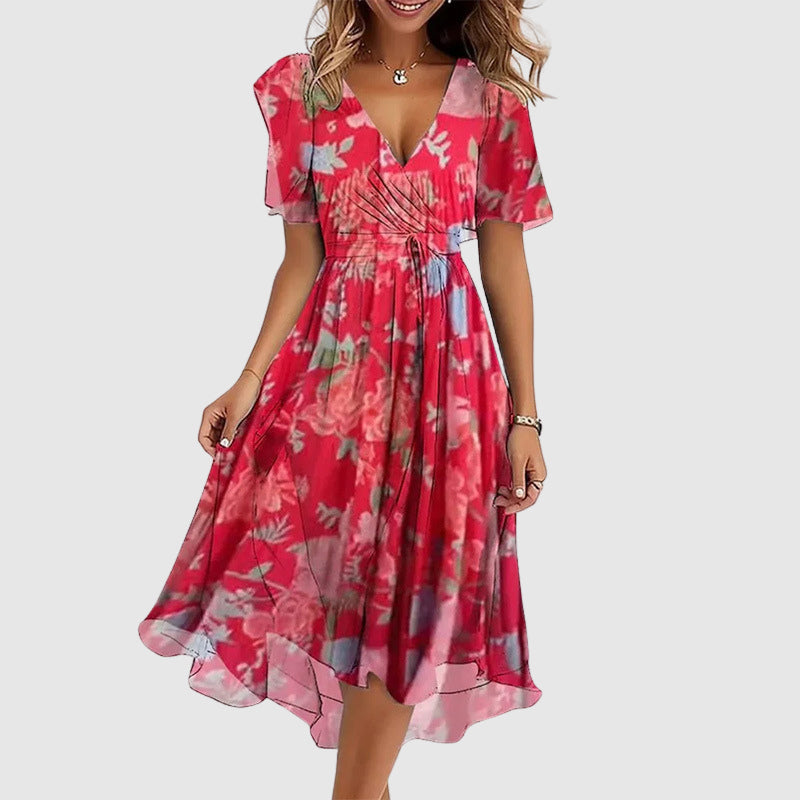 Robe Longue en Mélange de Coton avec Imprimé Multicolore et Décolleté en V pour Femme