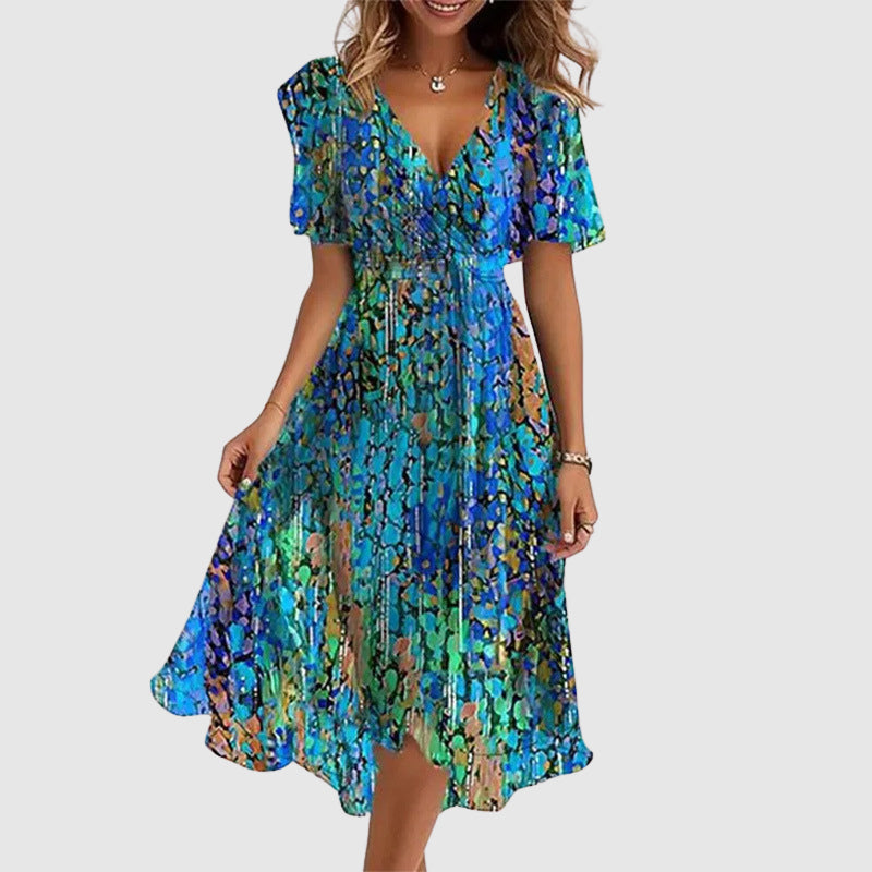 Robe Longue en Mélange de Coton avec Imprimé Multicolore et Décolleté en V pour Femme