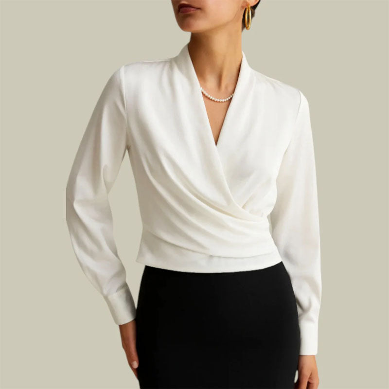 Chemisier en Polyester pour Femme avec Col en V et Design Croisé à Manches Longues