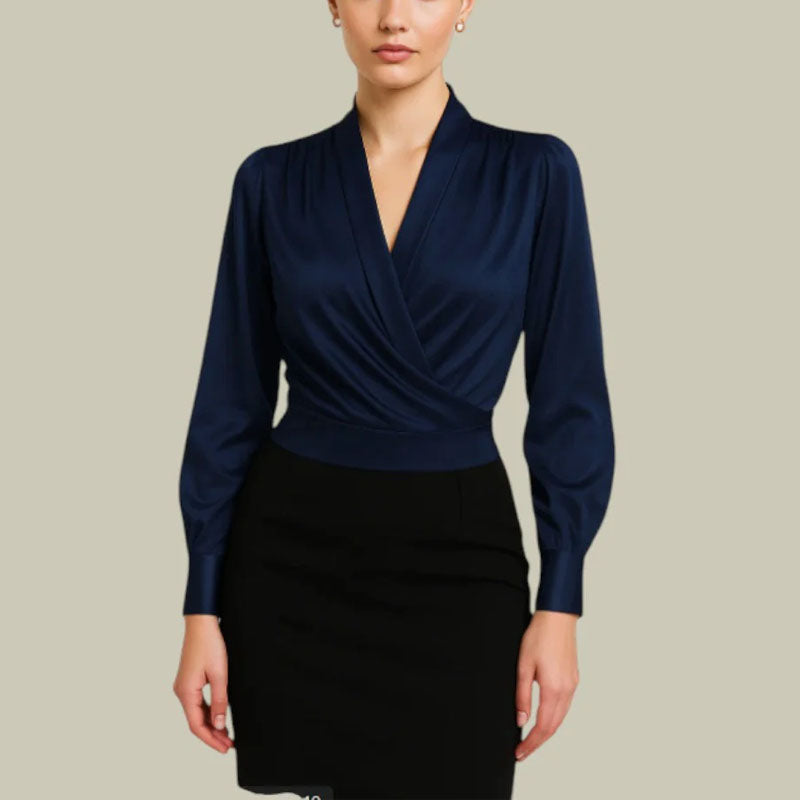 Chemisier en Polyester pour Femme avec Col en V et Design Croisé à Manches Longues