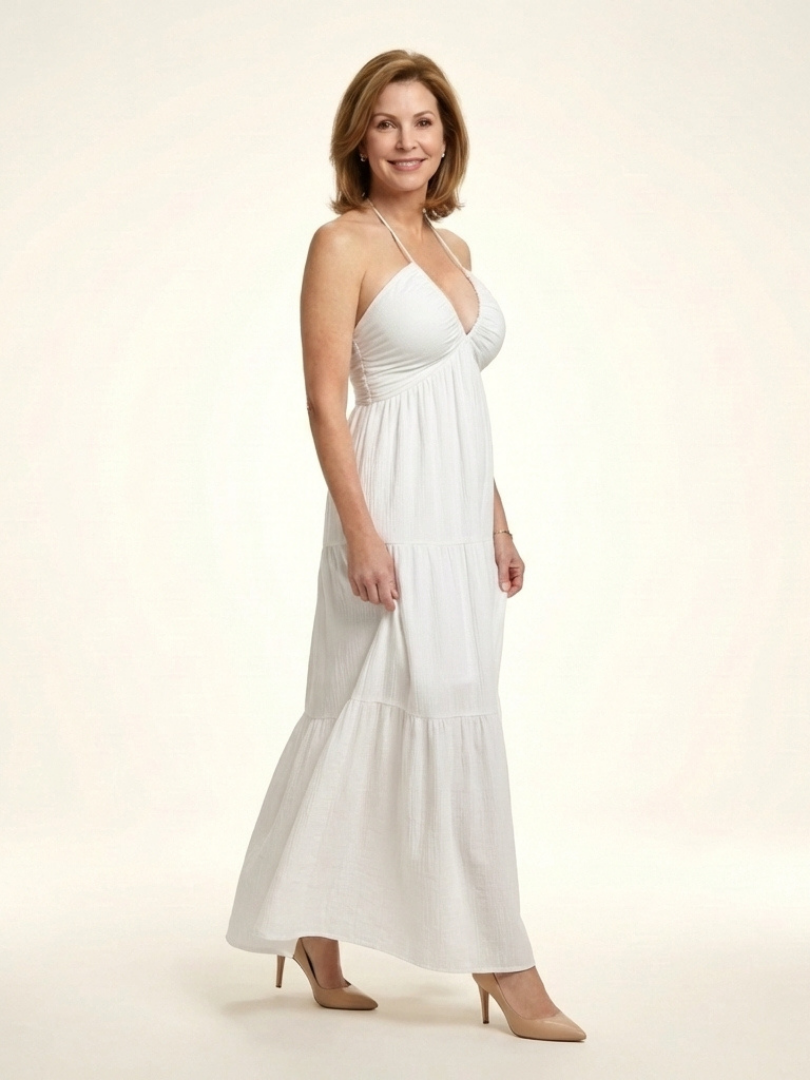 Solenne | Robe Maxi à Bretelles avec Corps Froncé et Jupe à Volants