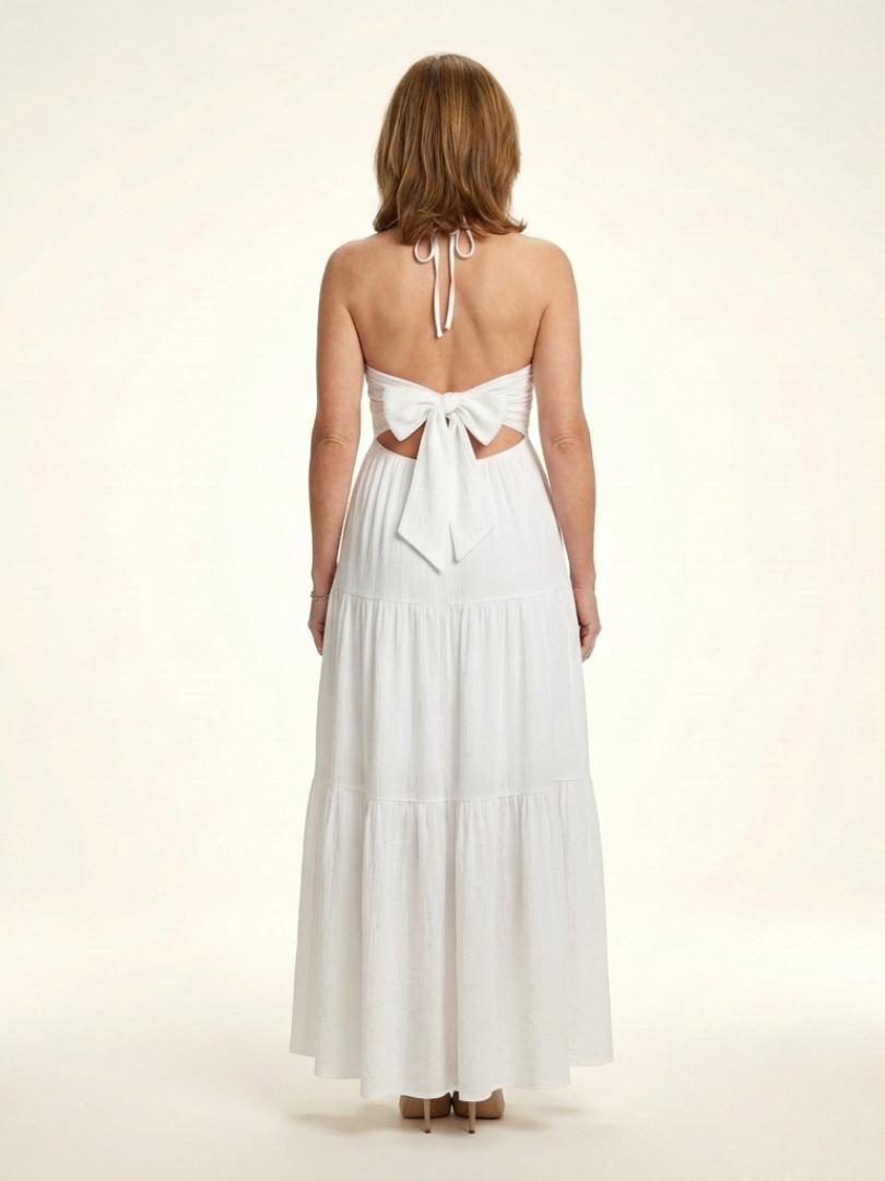 Solenne | Robe Maxi à Bretelles avec Corps Froncé et Jupe à Volants