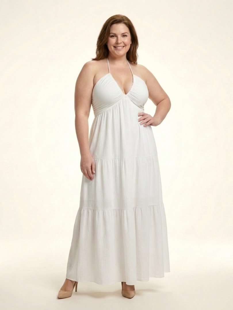 Solenne | Robe Maxi à Bretelles avec Corps Froncé et Jupe à Volants