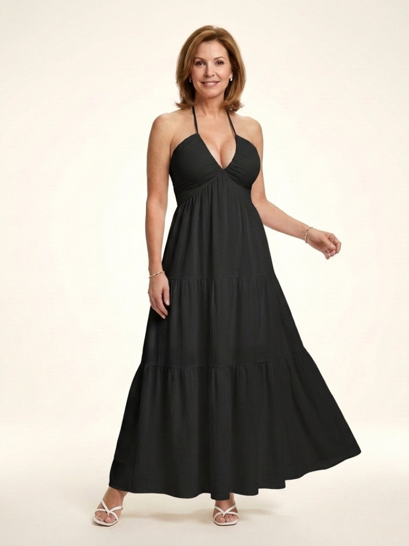 Solenne | Robe Maxi à Bretelles avec Corps Froncé et Jupe à Volants