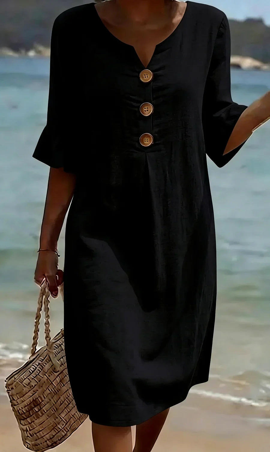 Robe Midi d'Été Femme | Look Lin avec Boutons en Bois & Manches Volantes