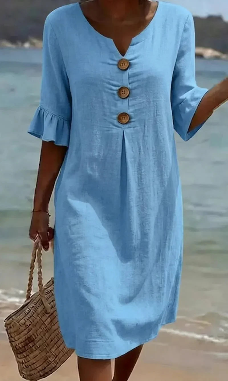 Robe Midi d'Été Femme | Look Lin avec Boutons en Bois & Manches Volantes