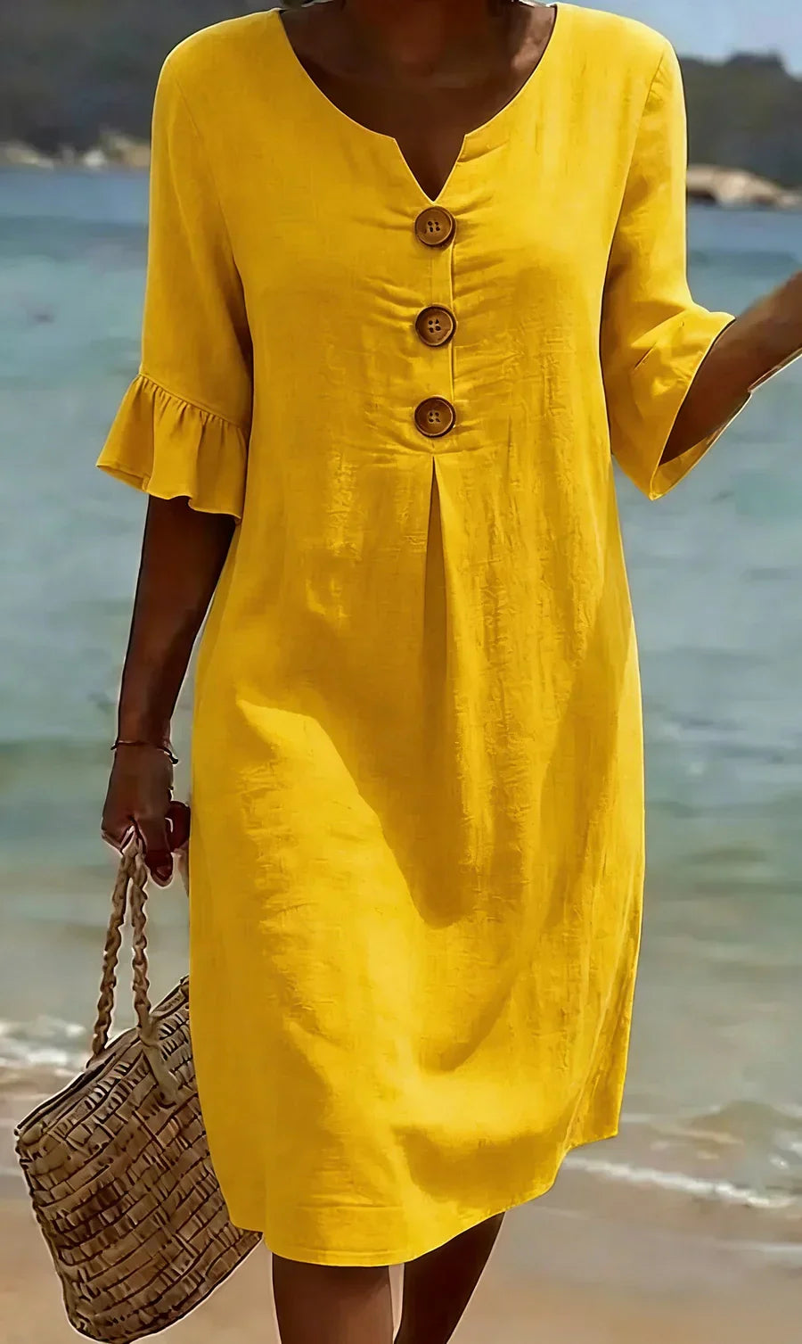 Robe Midi d'Été Femme | Look Lin avec Boutons en Bois & Manches Volantes