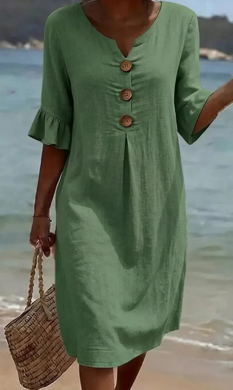 Robe Midi d'Été Femme | Look Lin avec Boutons en Bois & Manches Volantes
