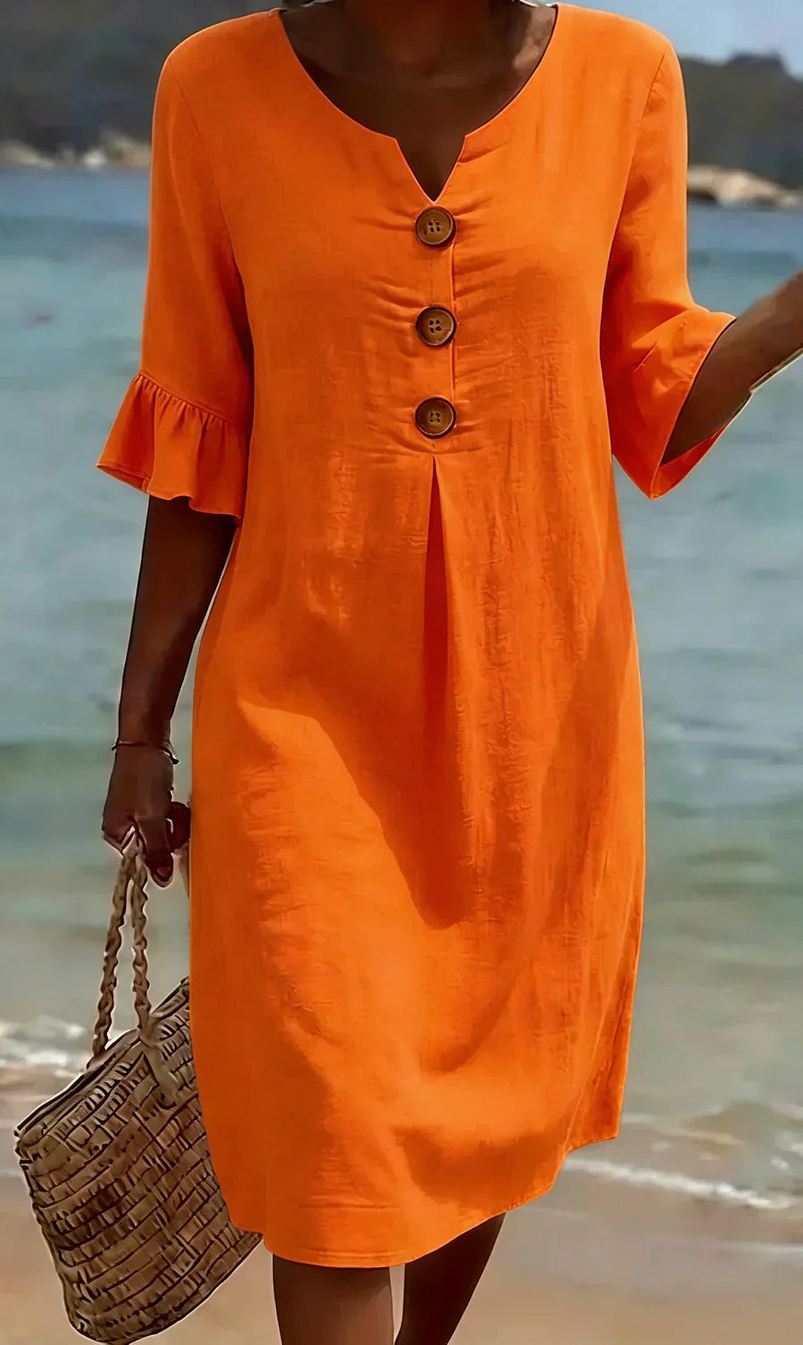 Robe Midi d'Été Femme | Look Lin avec Boutons en Bois & Manches Volantes