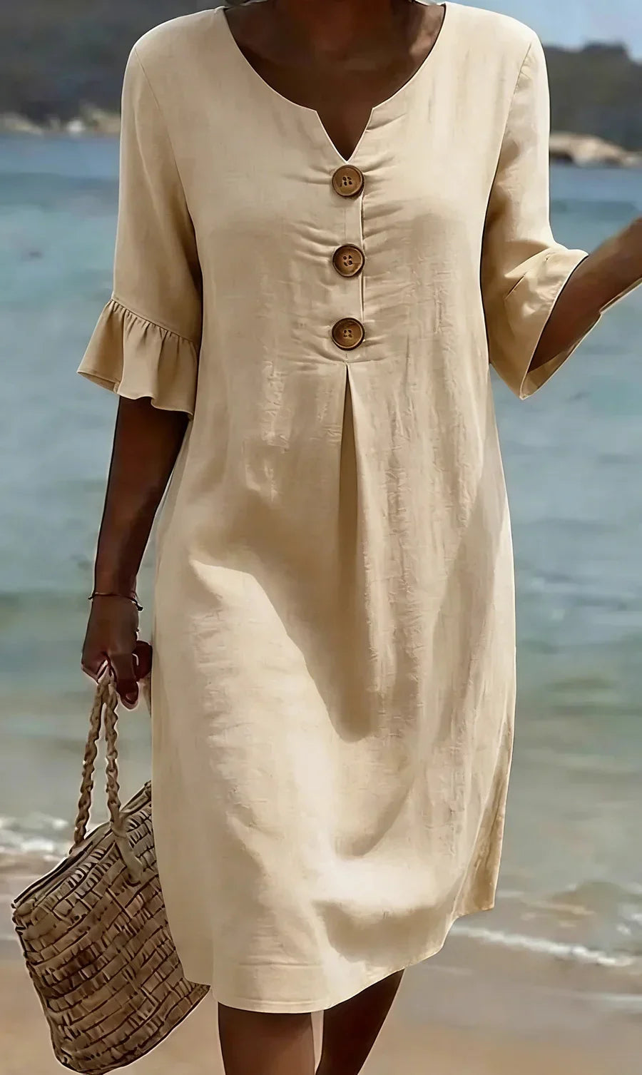 Robe Midi d'Été Femme | Look Lin avec Boutons en Bois & Manches Volantes