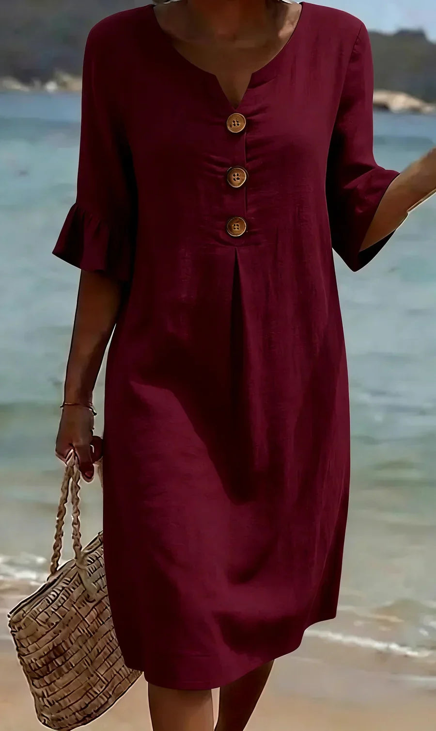 Robe Midi d'Été Femme | Look Lin avec Boutons en Bois & Manches Volantes