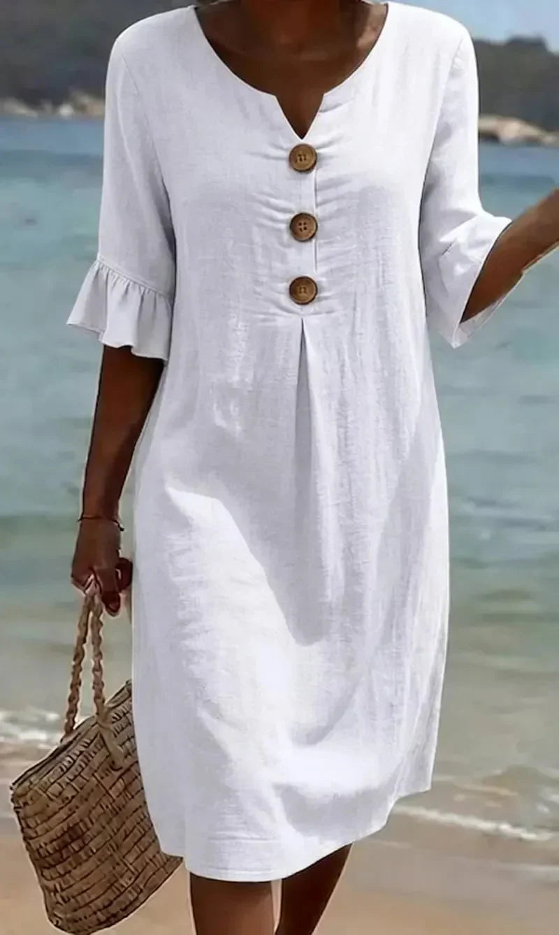 Robe Midi d'Été Femme | Look Lin avec Boutons en Bois & Manches Volantes