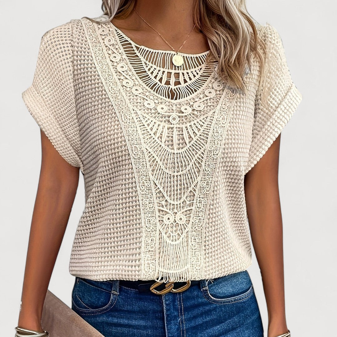 T-shirt d'été femme | Panneau en dentelle crochet et haut en tricot gaufré structuré