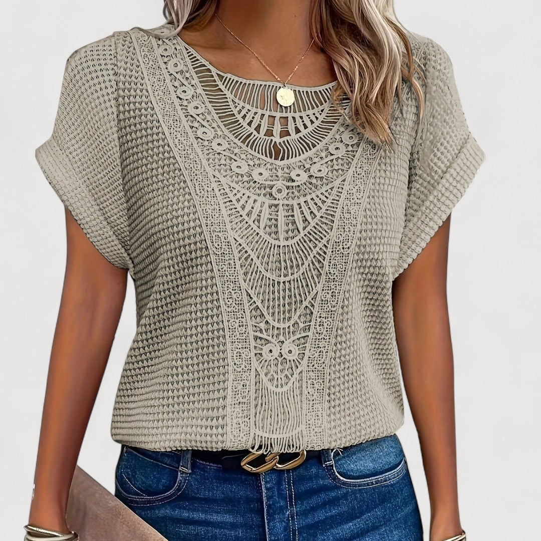 T-shirt d'été femme | Panneau en dentelle crochet et haut en tricot gaufré structuré