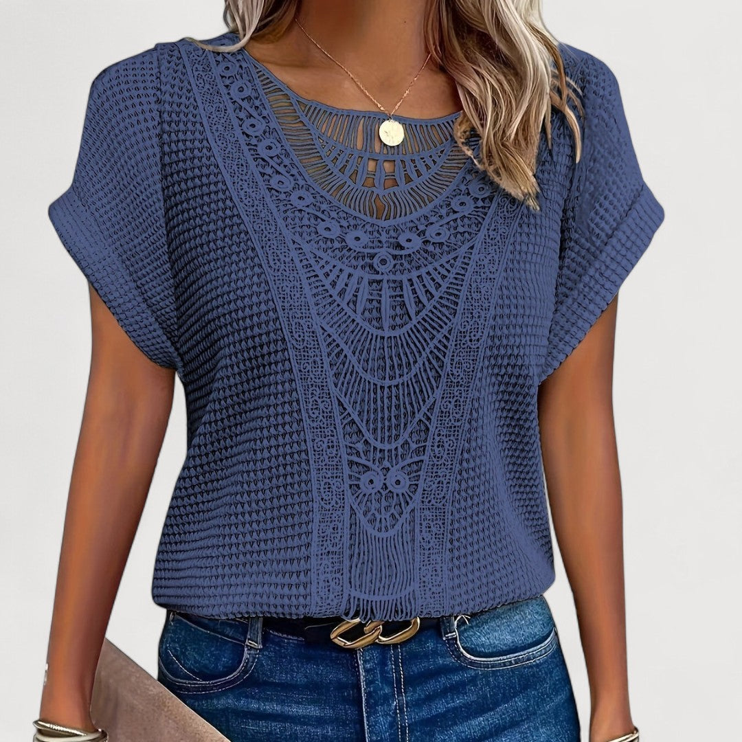 T-shirt d'été femme | Panneau en dentelle crochet et haut en tricot gaufré structuré