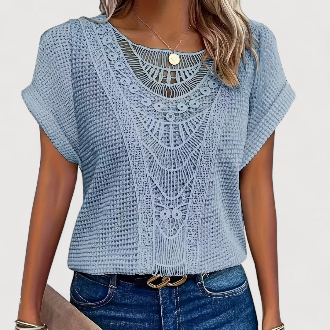 T-shirt d'été femme | Panneau en dentelle crochet et haut en tricot gaufré structuré
