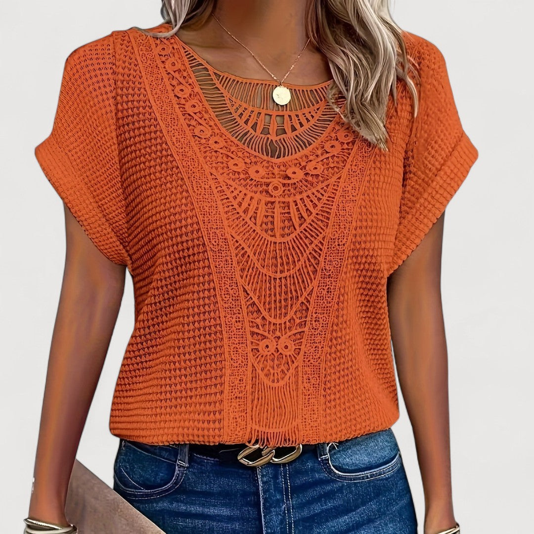 T-shirt d'été femme | Panneau en dentelle crochet et haut en tricot gaufré structuré