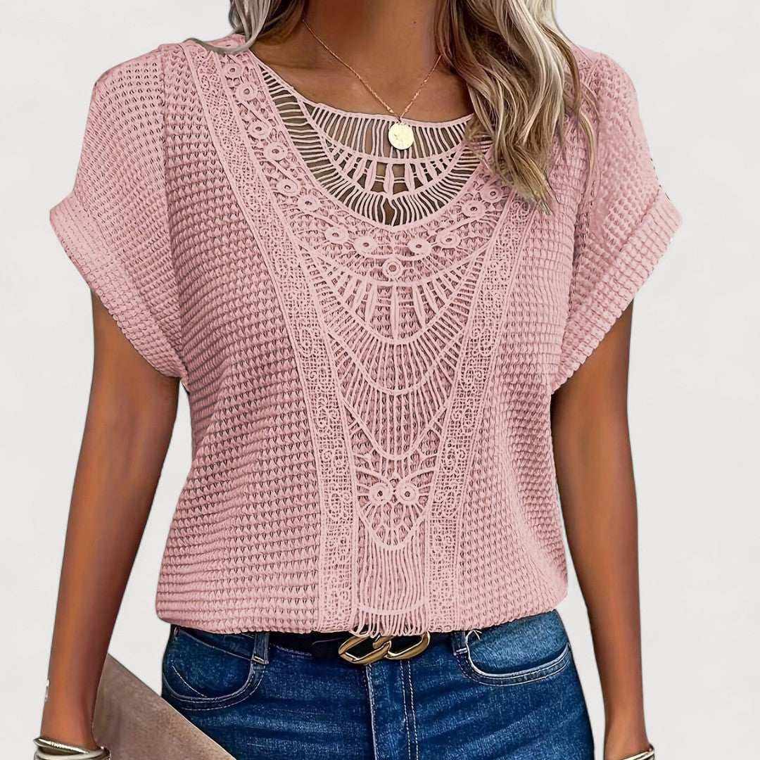 T-shirt d'été femme | Panneau en dentelle crochet et haut en tricot gaufré structuré