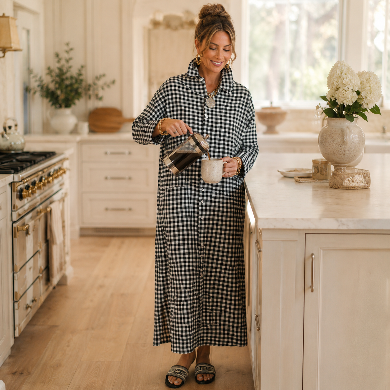 Harlowe – Robe chemise maxi à boutons vichy avec fentes sur les côtés
