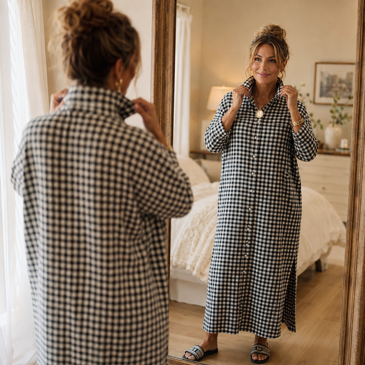 Harlowe – Robe chemise maxi à boutons vichy avec fentes sur les côtés