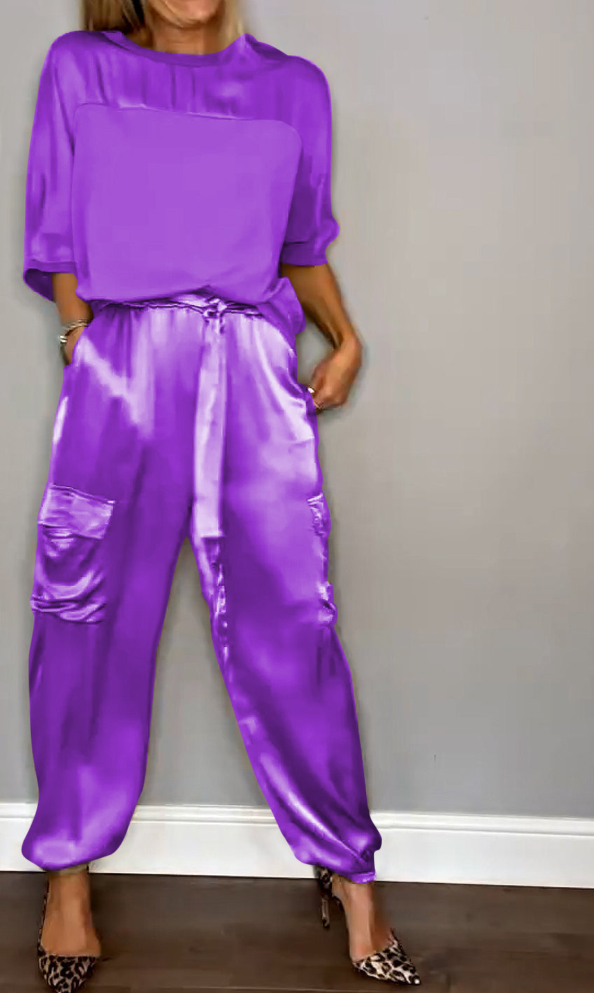 Ensemble en Satin pour Femme avec Blouse à Manches 3/4 et Pantalons avec Nœud à la Taille