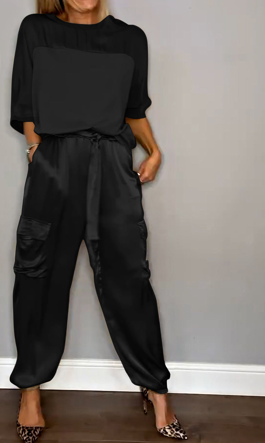 Ensemble en Satin pour Femme avec Blouse à Manches 3/4 et Pantalons avec Nœud à la Taille