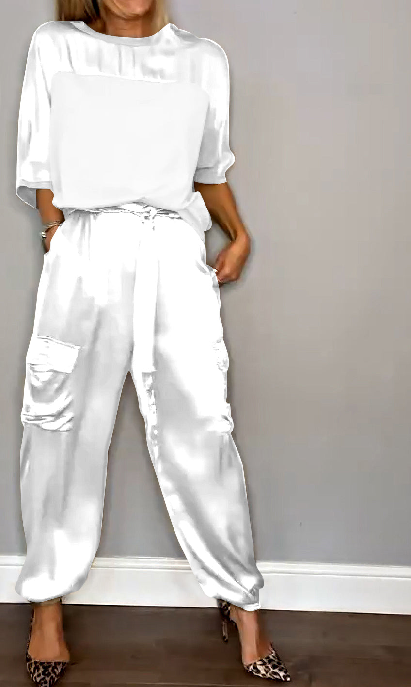 Ensemble en Satin pour Femme avec Blouse à Manches 3/4 et Pantalons avec Nœud à la Taille
