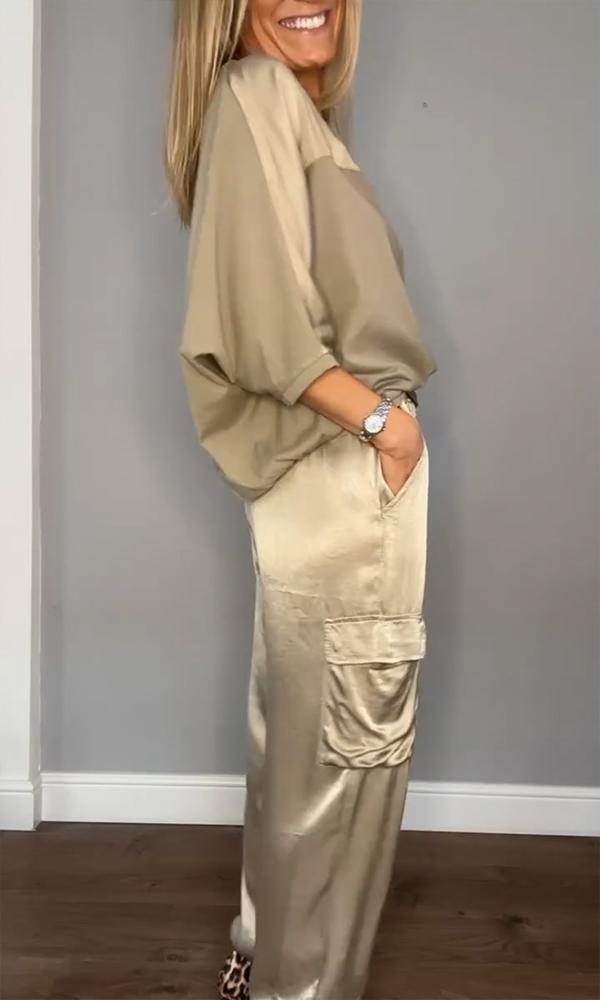 Ensemble en Satin pour Femme avec Blouse à Manches 3/4 et Pantalons avec Nœud à la Taille