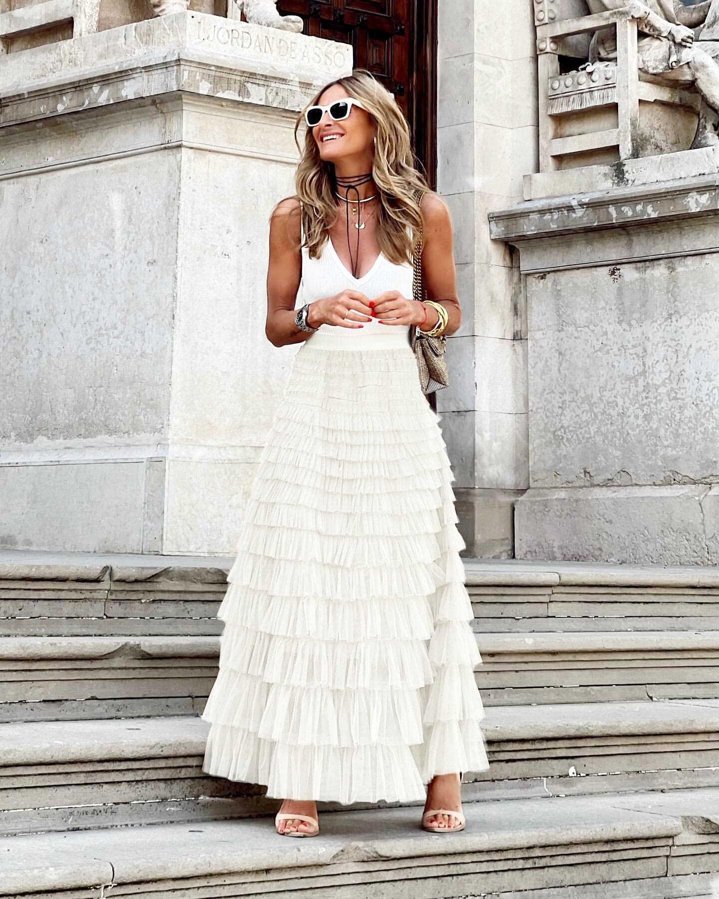 Jupe Maxi en Tulle avec Taille Élastique et Design Multicouches pour Femme