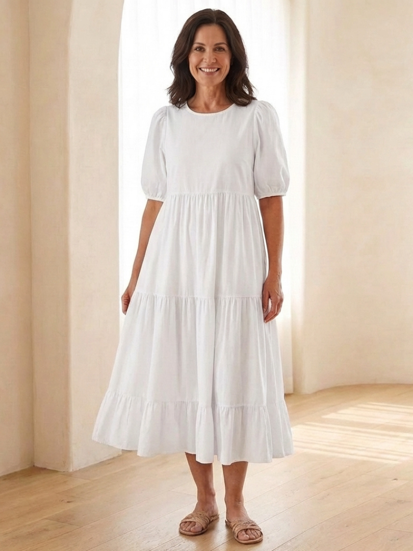 Brina | Robe midi à encolure ronde et manches bouffantes