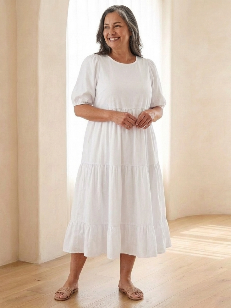 Brina | Robe midi à encolure ronde et manches bouffantes